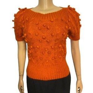 Divided Sweater Cable Knit Mohair Blend Boatneck Pom-Pom Orange Size S